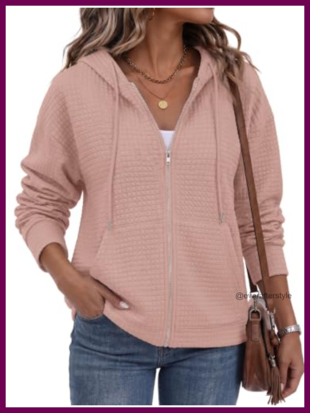 Waffle Knit Zip Up Hoodie Lightweight Relaxed Fit Drawstring Balloon Sleeve
